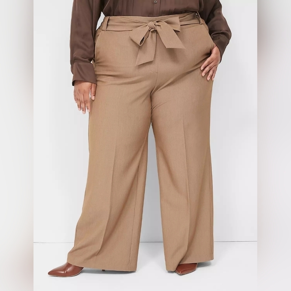 Lane Bryant sz 28 W Perfect Drape High-Rise Wide Leg Pant With Belt tan WP61